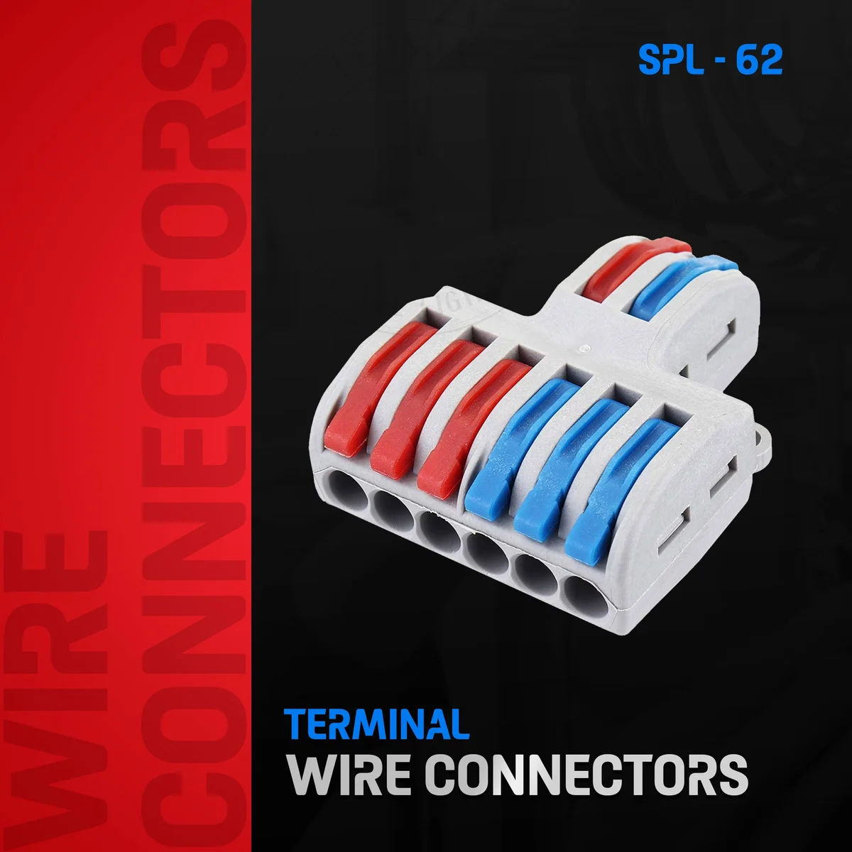 Gray wire splitter terminal block made of flame‑retardant nylon, with colored connectors and lever nuts for soft and hard wires.