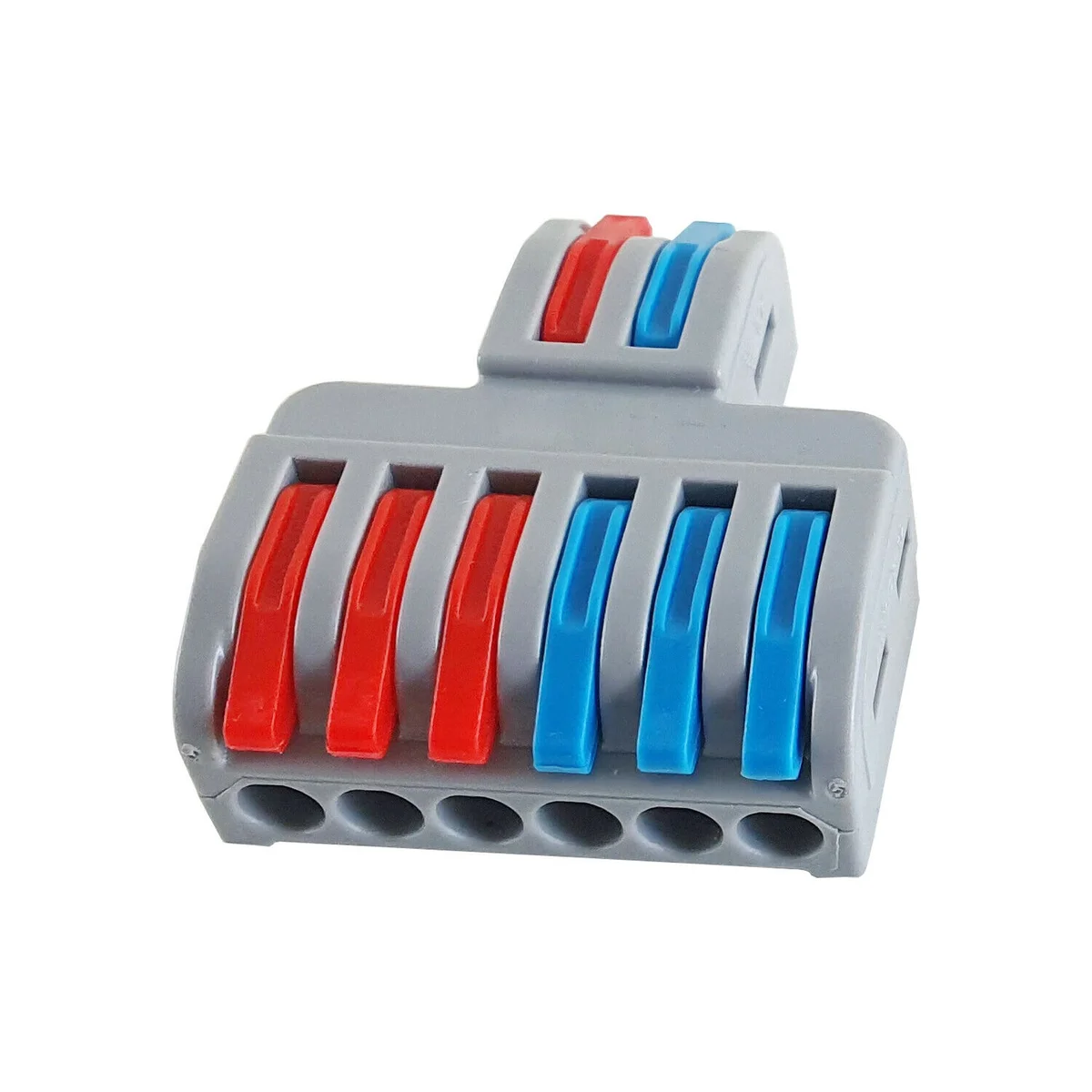 Gray connector shell with lever nut connectors, multicoloured terminals for easy wire connection