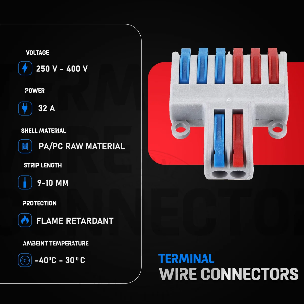 Gray cable connector block with lever nut connectors and colored interface, compact, used for building wiring and appliances