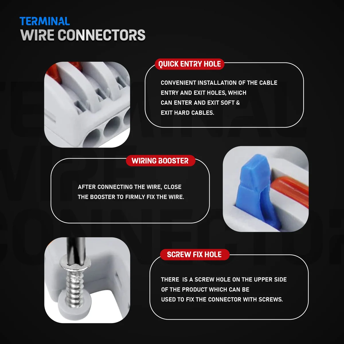 Gray PA66 wire splitter terminal block with lever nut connectors, compact size, labeled LT-Connector, fits 0.5-4.0mm² cables.