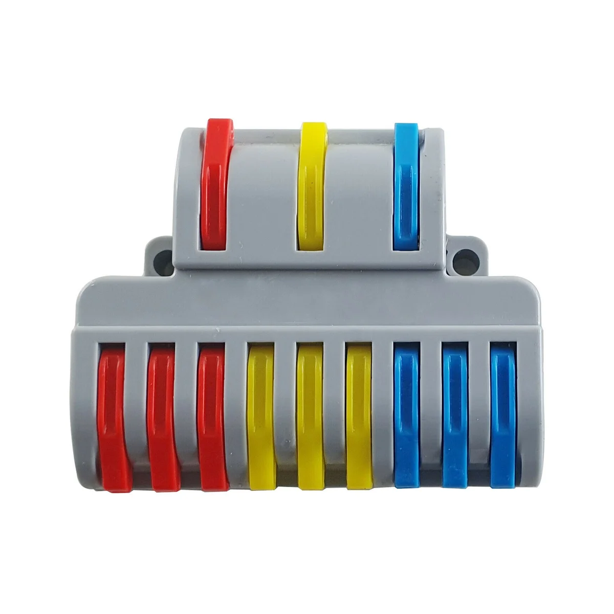 Grey nylon PA66 wire connector block with multiple color terminals and lever nuts, compact.