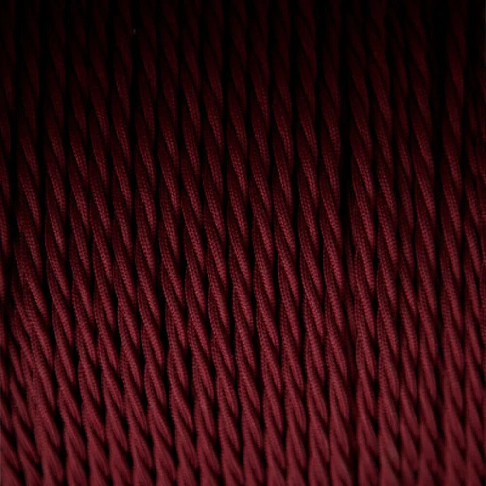 Burgundy 2 core twisted cable with PVC insulation and copper conductors, unrolled 1m length.