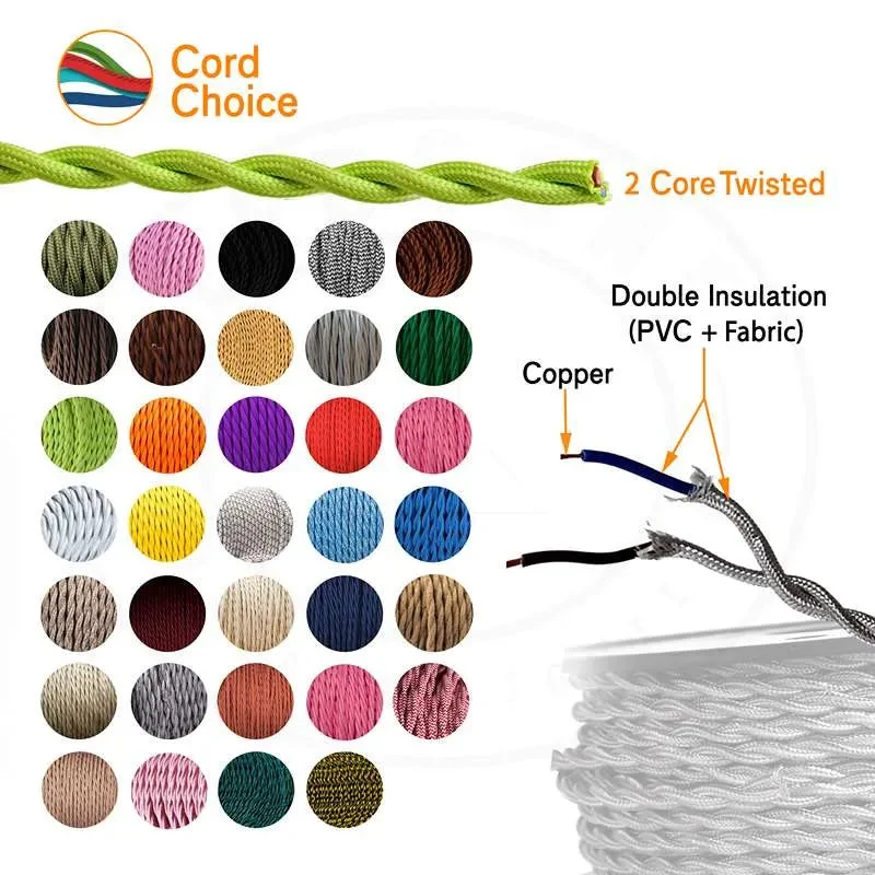 Burgundy fabric cable: twisted 2‑core cable with visible copper conductors, PVC insulated, 0.75mm, in a rolled length.