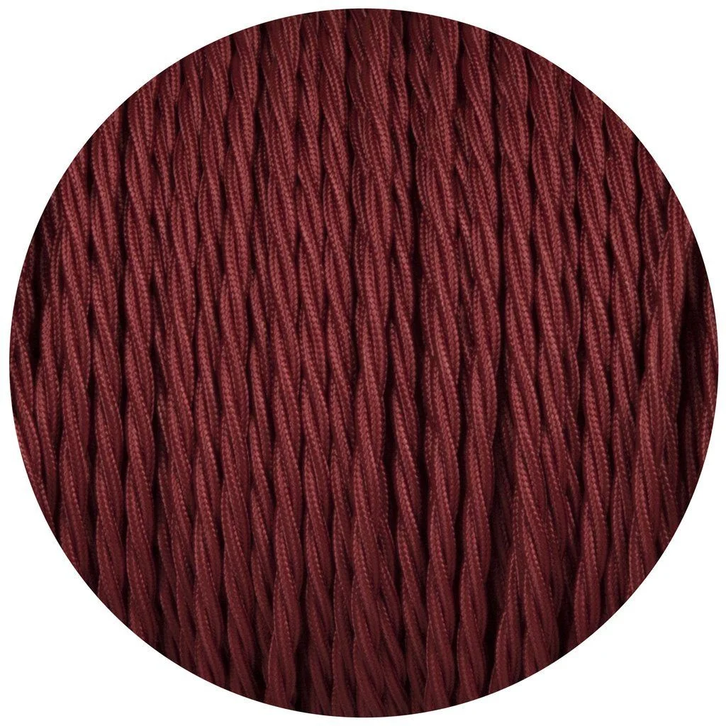 Burgundy 2‑core vintage lighting cable with twisted fabric wrap, showing Italian braided fabric and PVC insulation.