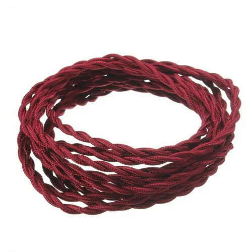 Indoor lighting cable in burgundy, 2‑core twisted fabric with Italian braided outer, PVC inner, 0.75mm copper conductors.