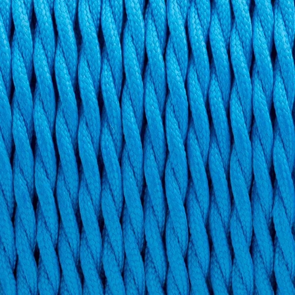 Blue twisted fabric cable with braided fabric outer and PVC insulation, roll length 1m to 10m, for indoor decor wiring.