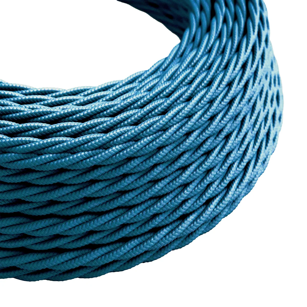 Blue 2‑core twisted vintage fabric electrical cable with copper conductors in PVC insulation, 0.75 mm², 8 A rating