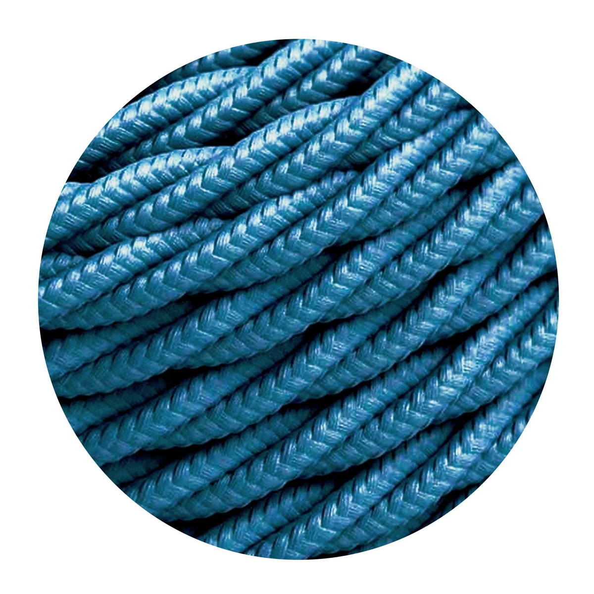 Blue vintage twisted fabric cable with 0.75mm copper conductor cable, showing flexible braided roll and 1m length