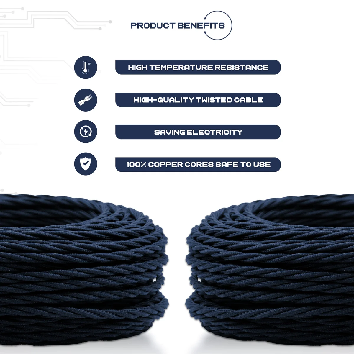 Blue twisted cable with 2‑core Italian braided fabric, copper wires, PVC insulation, retro pendant light cord
