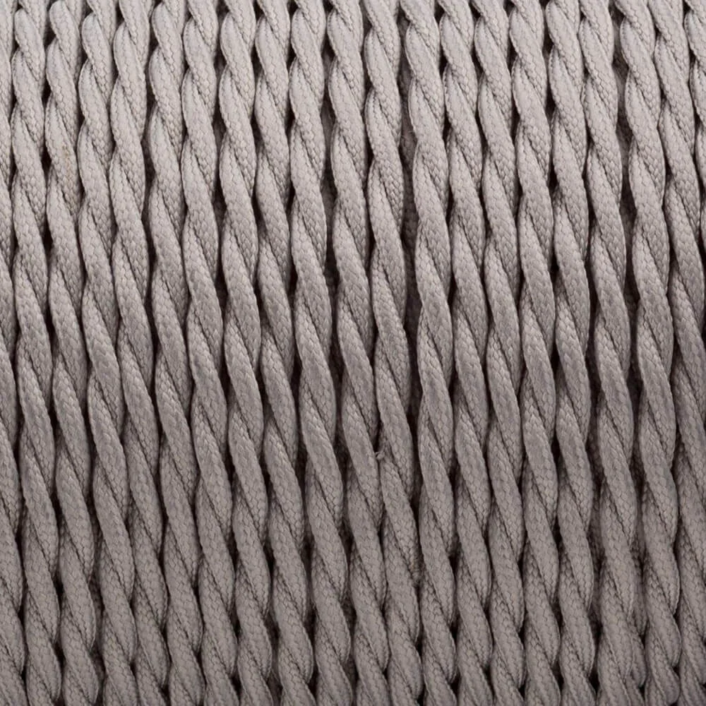 Grey twisted braided decorative fabric lighting cable with fabric cover and copper conductors, for indoor lamp wiring.