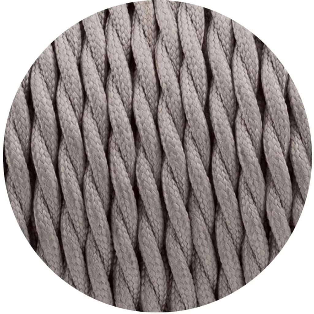 Grey twisted fabric cable with braided design, 5mm outer diameter, showing flexible, fabric-covered insulated wires