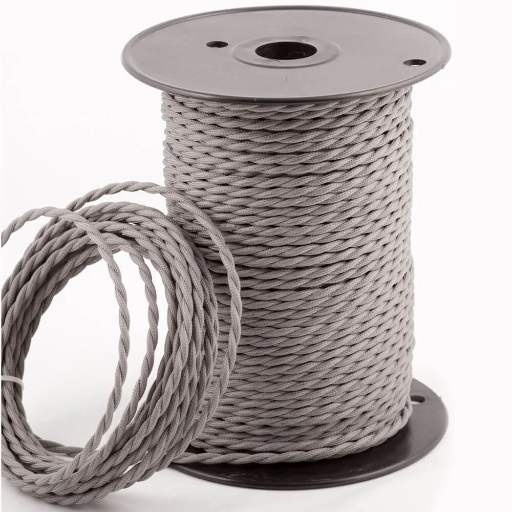 Grey twisted fabric cable with 2 cores, showing flexible braided construction, labelled vintage style cable.