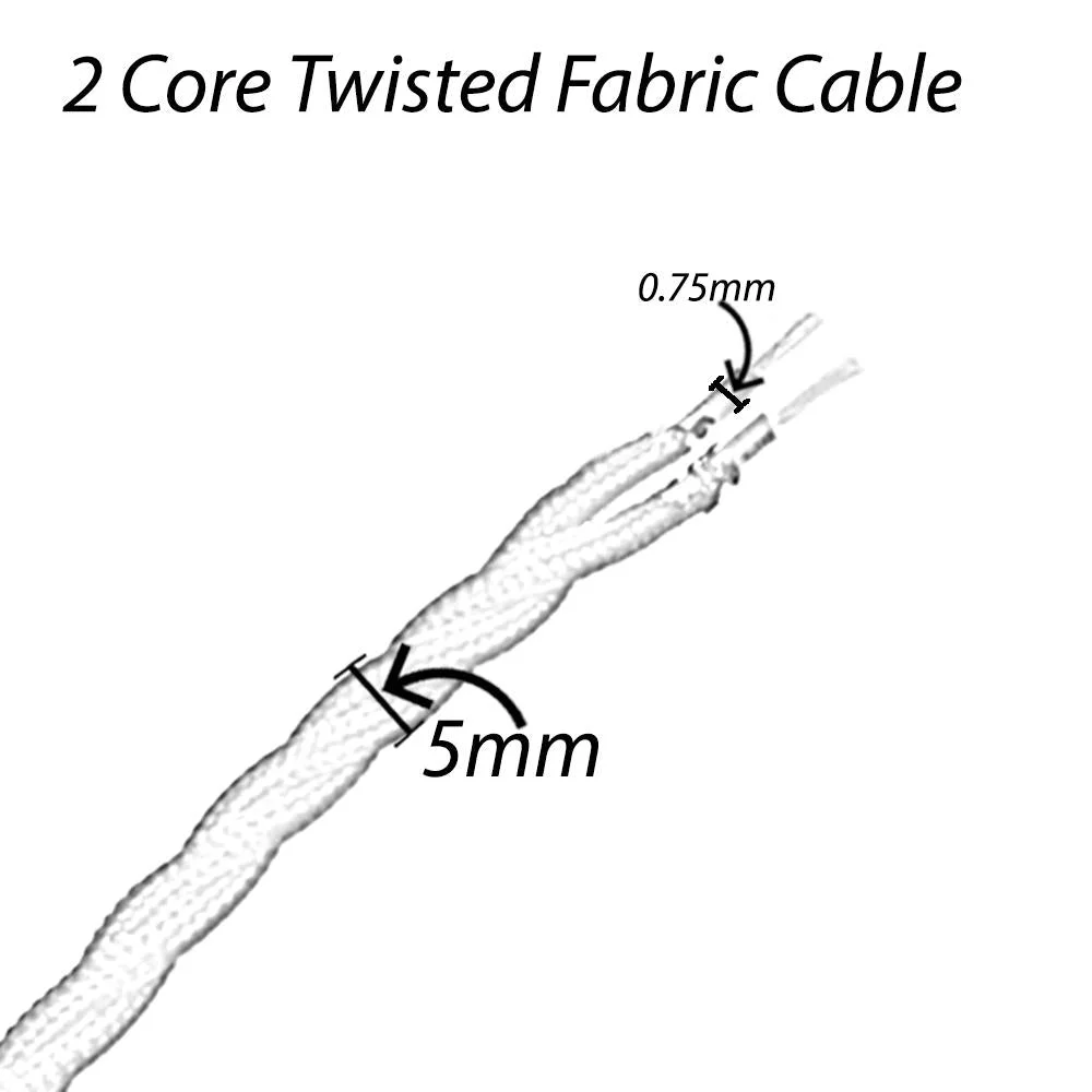 Grey twisted braided cable with fabric covering, showing 2‑core layout, labelled as abrasion resistant cable.