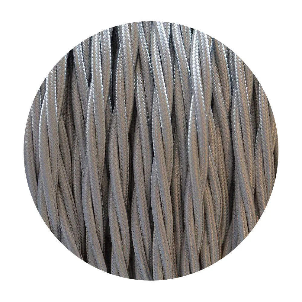 Grey 2-core decorative fabric lighting cable, twisted braided, 1m length, soft fabric finish, 5mm diameter.