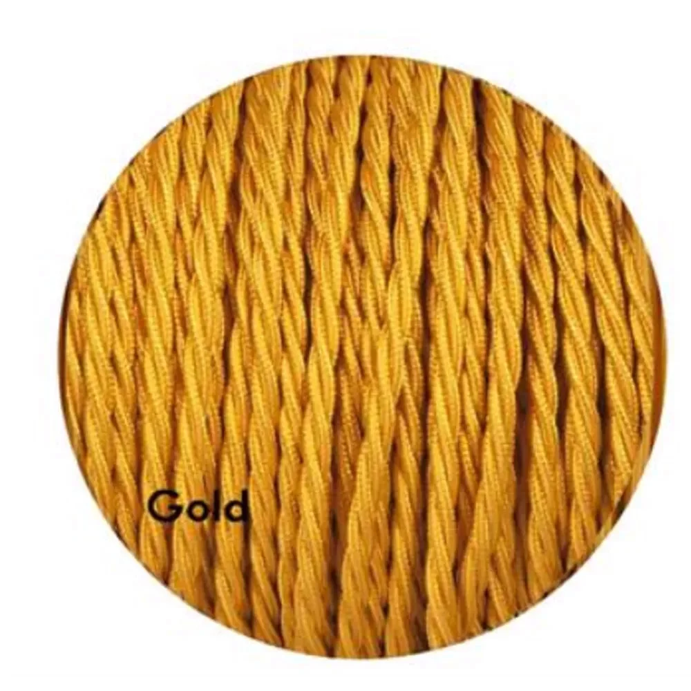 Vintage fabric lighting cable in gold, 2‑core copper, twisted textile, shown coiled, 5mm diameter