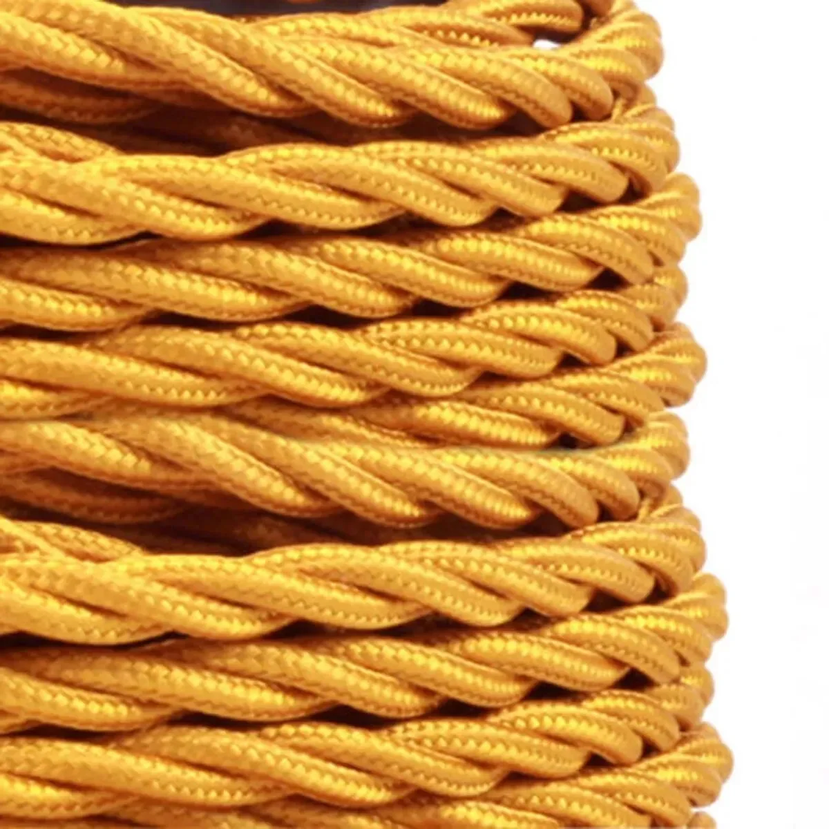 Gold twisted fabric lighting cable, 5mm diameter, 2 core, wrapped in fabric, displayed on a white background.