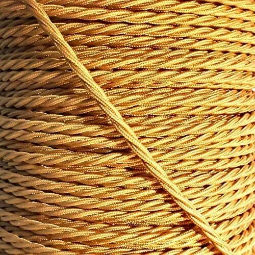 Gold vintage 2‑core twisted fabric cable, 5mm diameter, 1m/5m/10m lengths, flexible indoor decorative cable for lighting.