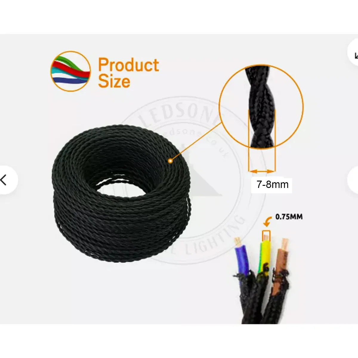 Golden twisted braided electric cord, 5mm diameter cable with two copper cores, shown coil‑like fabric finish, 1m length.