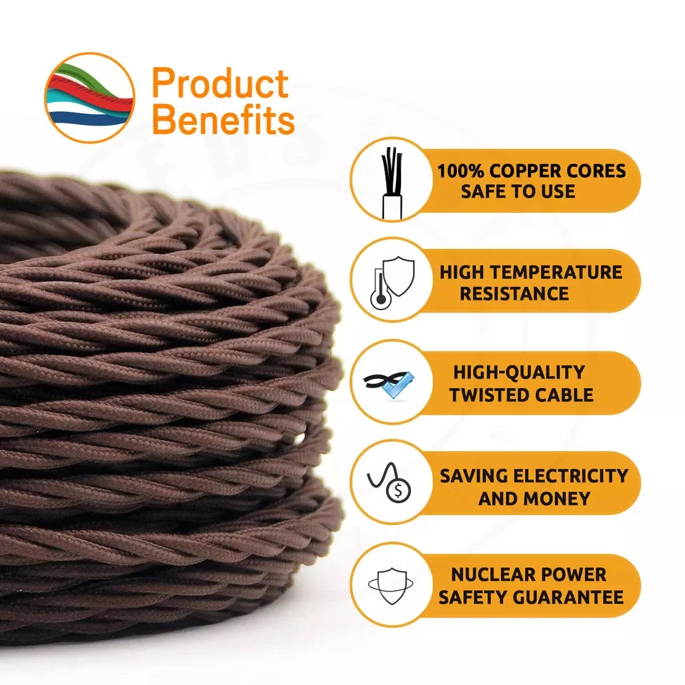 Gold twisted fabric cable, 1m vintage fabric lighting cable with copper core, flexible textile wrap.
