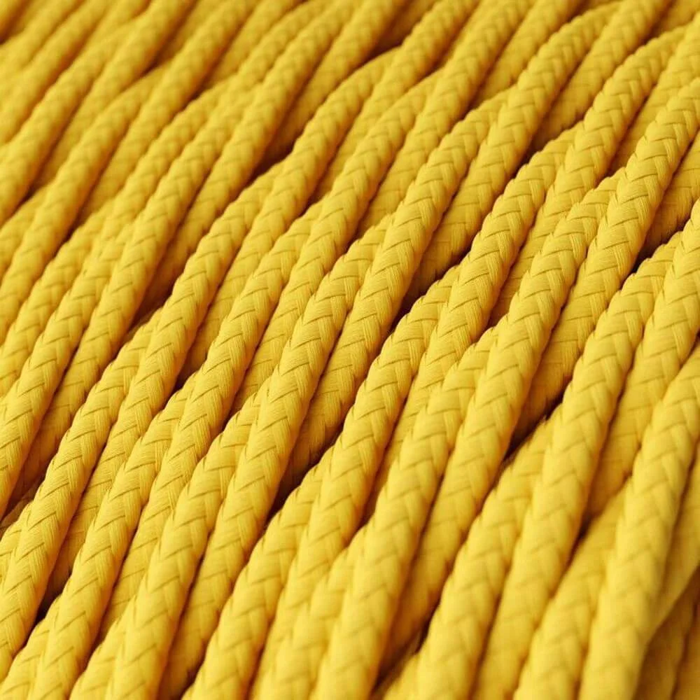 Yellow 2 core twisted electrical wire with fabric braid and PVC sheath on a 1m length.