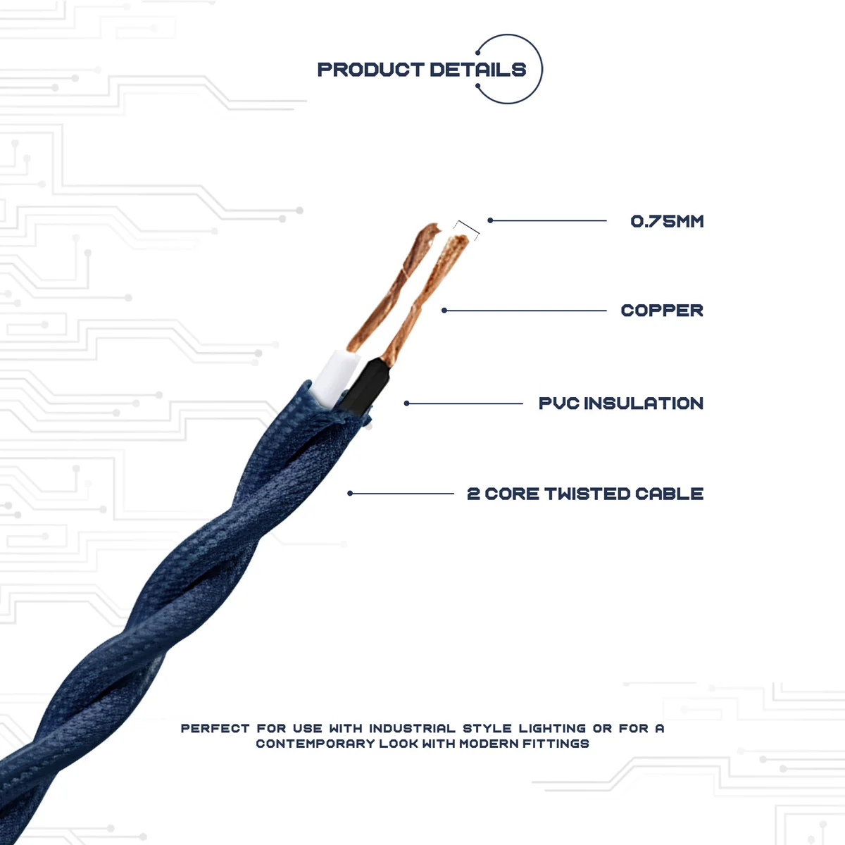 Yellow 2‑core twisted 240v electric cable with braided fabric and PVC insulation.