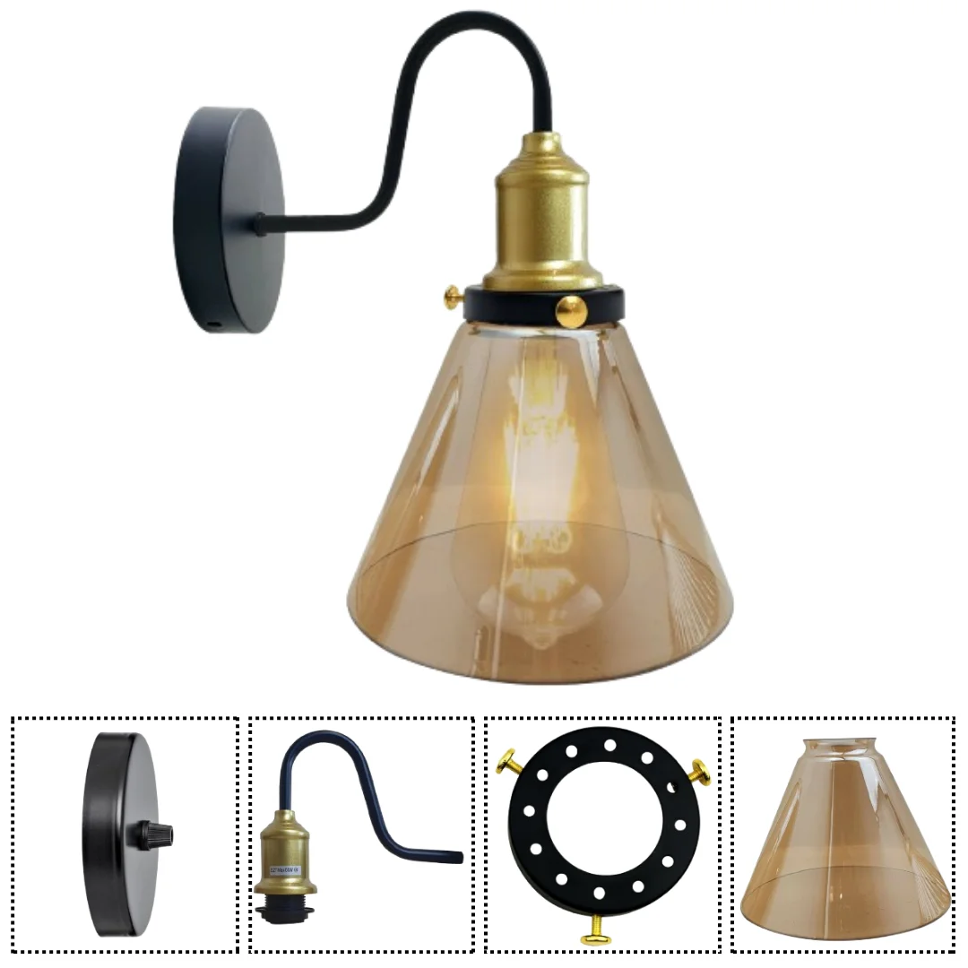 Modern wall lamp with amber glass cone shade and copper plate base, mounted on wall, 14cm height, styled for living spaces.
