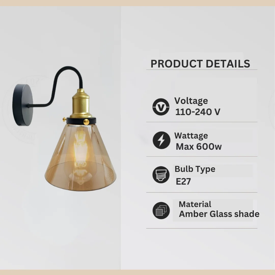 Dimmable wall light with amber glass cone shade and copper plated base, wall-mounted modern design