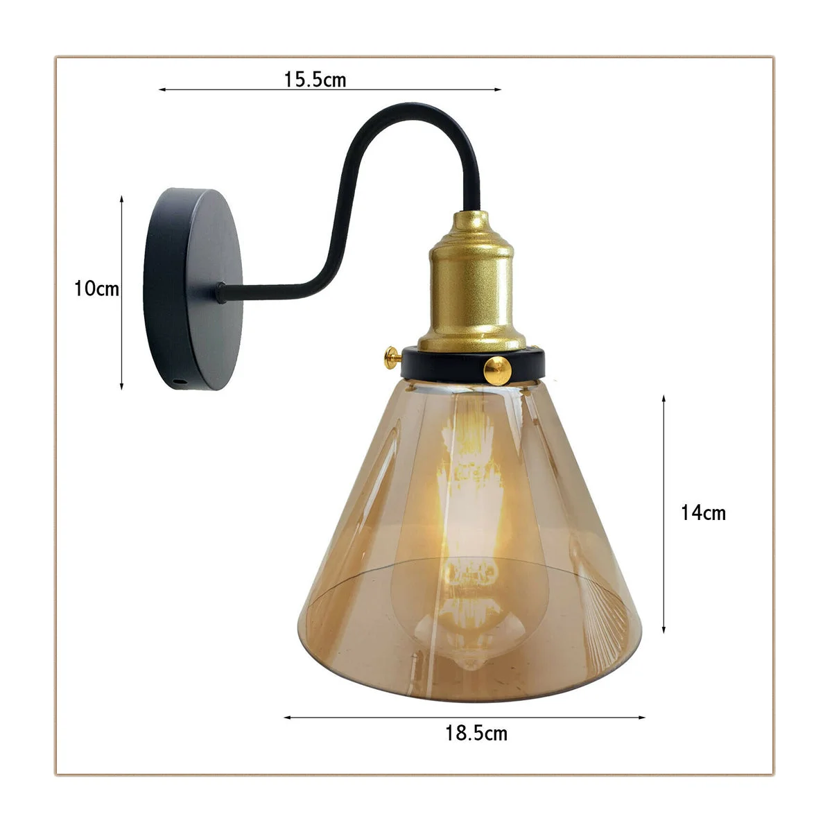 Amber glass cone with copper base wall‑mounted light, E27 bulb wall light for living room decor