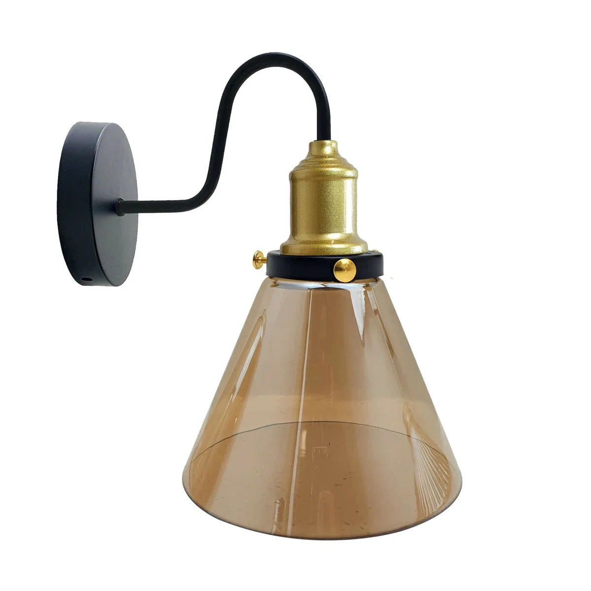 Amber glass cone lamp with copper‑plated base and chrome plate, a modern indoor wall sconce.