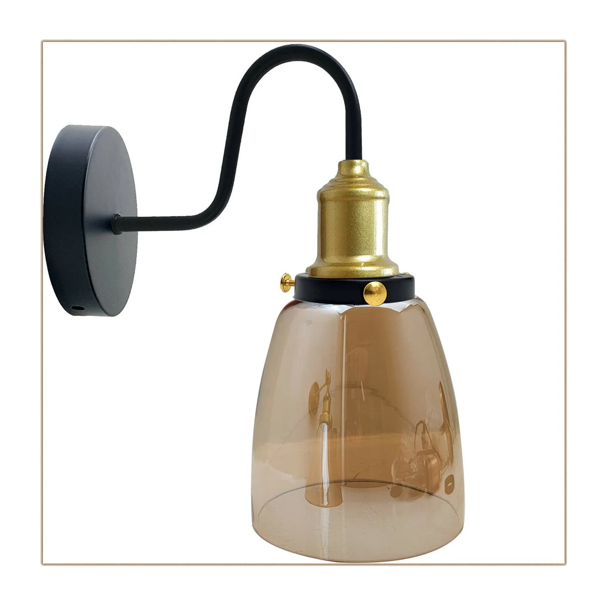 Amber glass wall lamp with copper plated base light, modern style, shade 13.6 cm open hole, 16.5 cm tall.