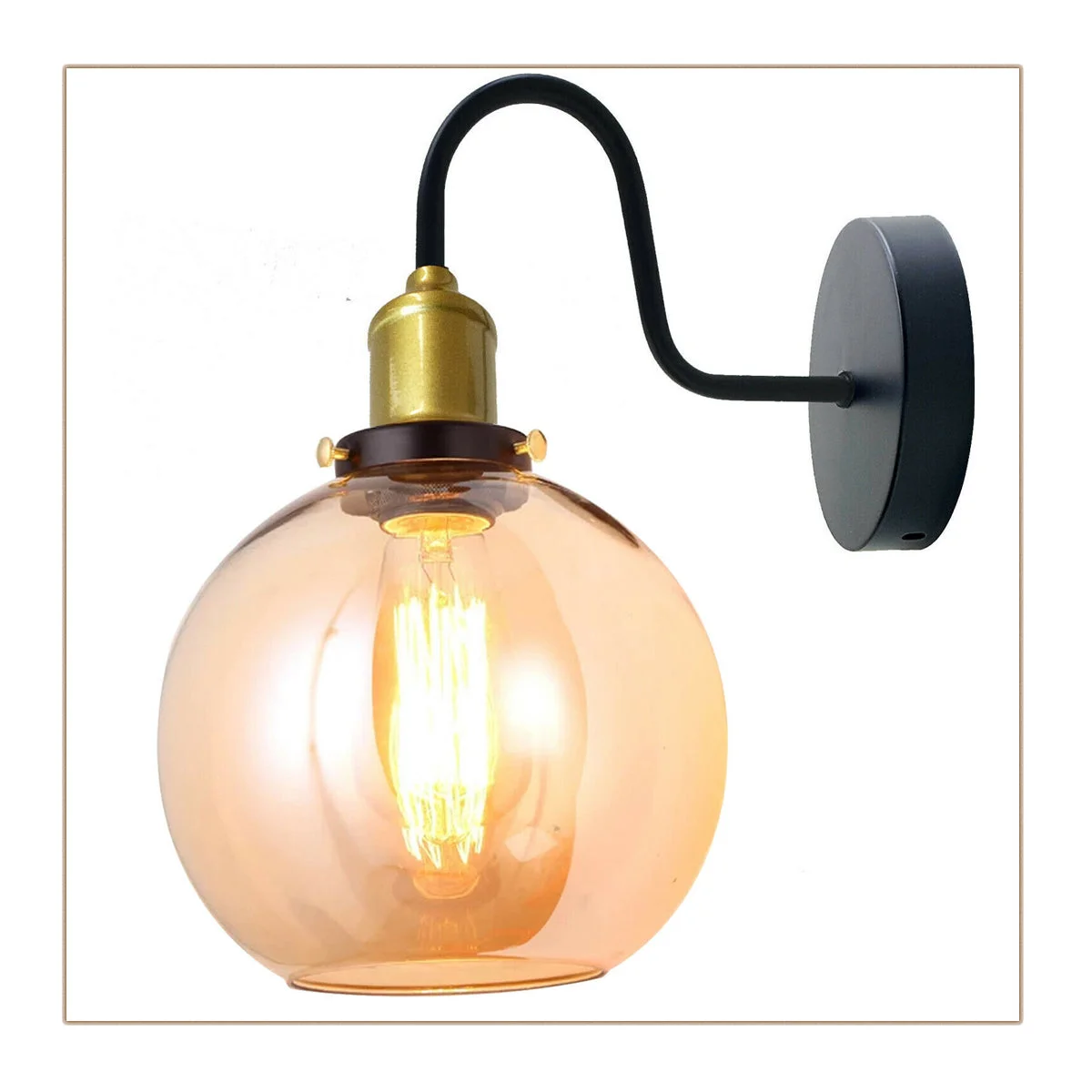 Energy efficient wall lamp with amber glass globe shade and metal base, modern style for living room or office.