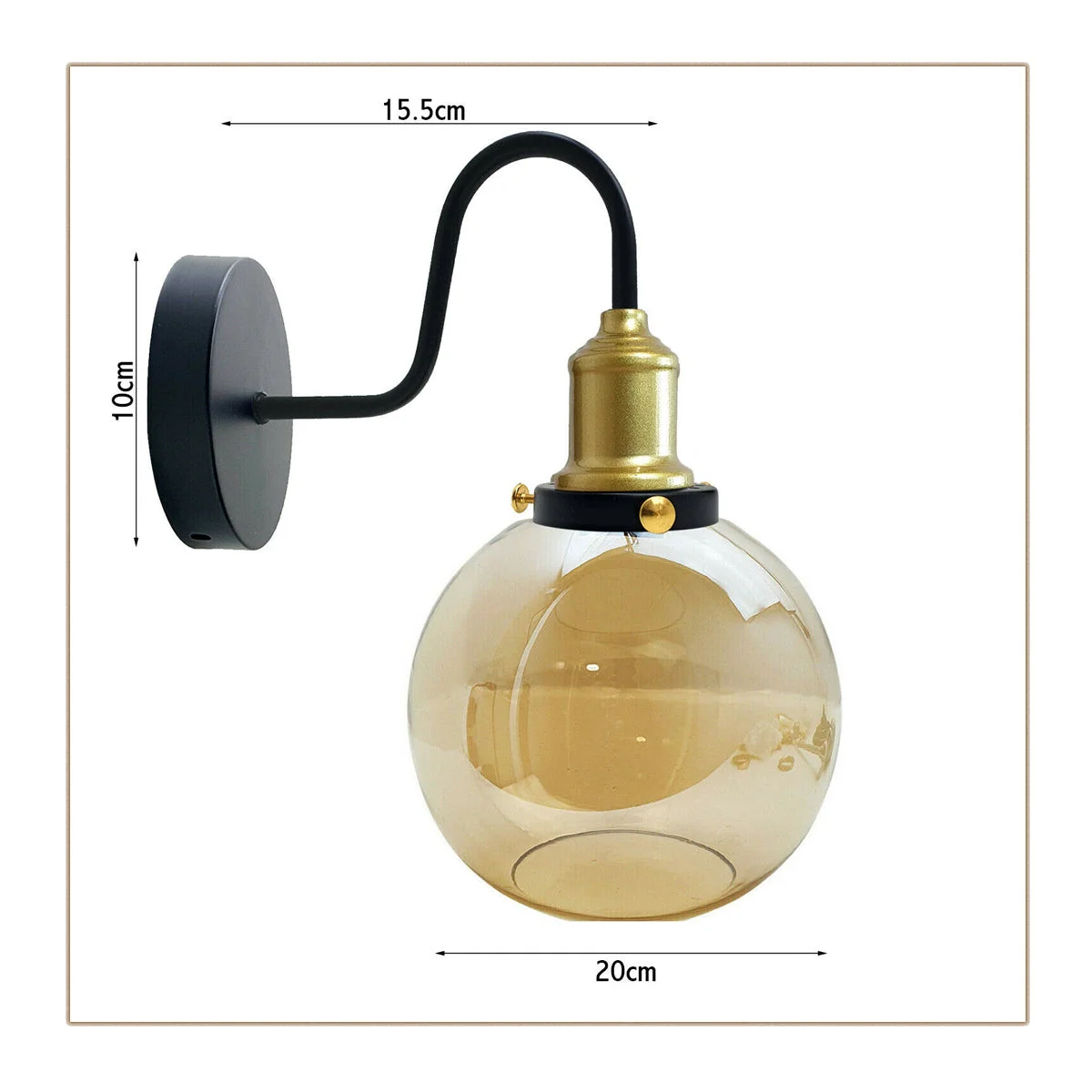 Amber glass globe wall light with metal base, 20 cm diameter shade, 15.5 cm arm – an E27 bulb wall light.