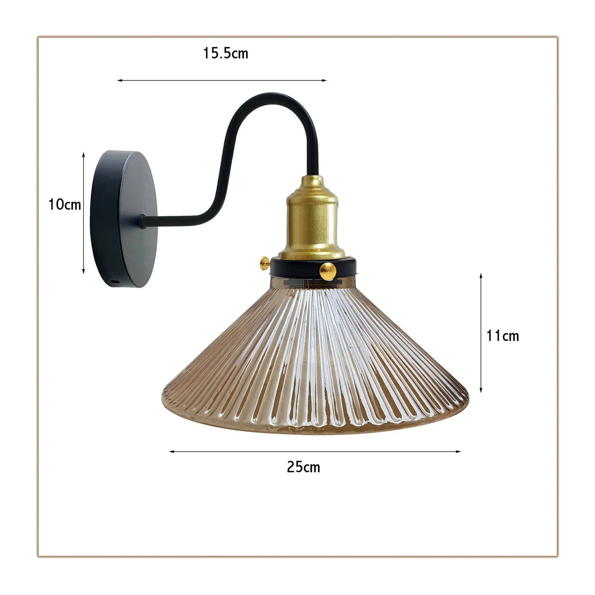 Modern glass wall light with amber glass shade and metal holder, wall‑mounted, emitting warm glow