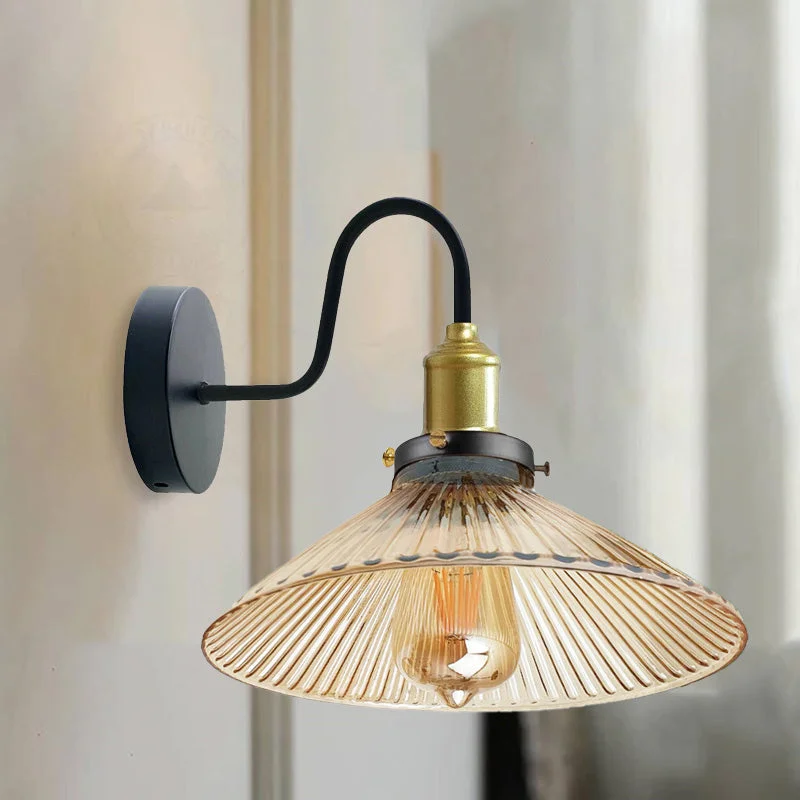 Modern amber glass indoor wall lamp with metal base and ribbed glass shade