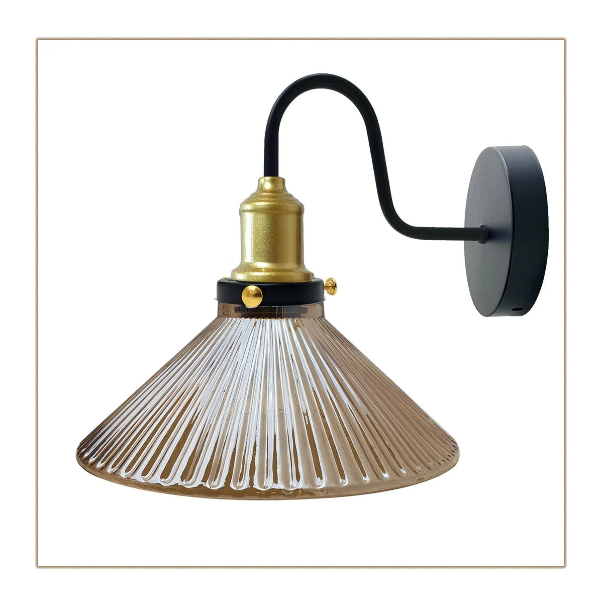 E27 wall light with ribbed amber glass shade, metal housing, modern industrial style for indoor décor.
