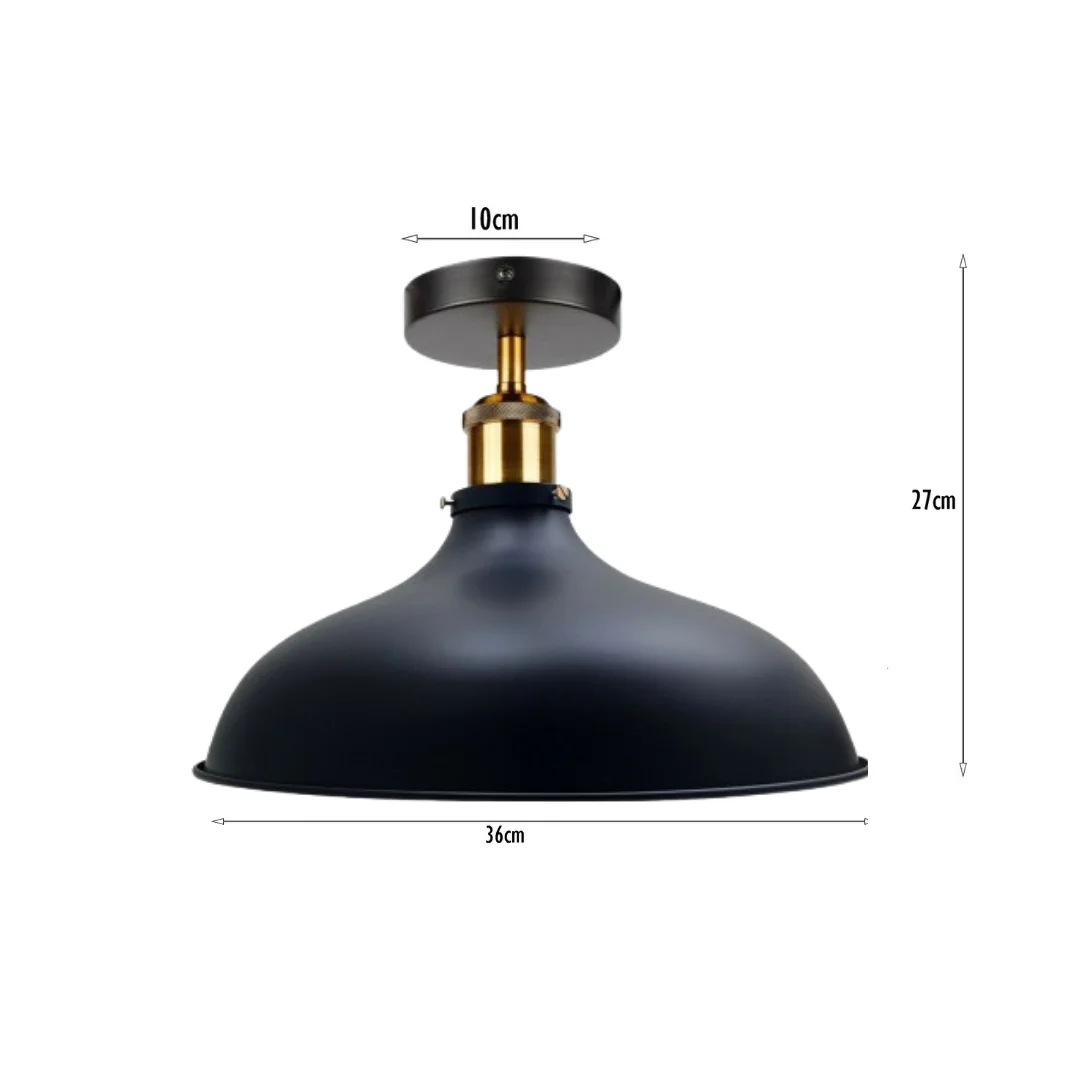 Black matte metal semi flush mount light with brass accents, 36 cm shade, 15.5 cm height, 10 cm rose.