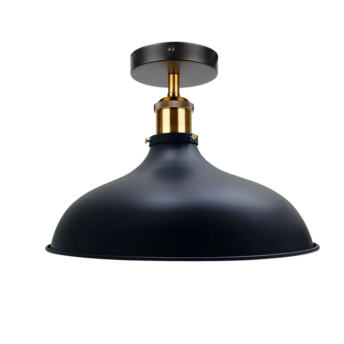 E27 ceiling light: matte black metal pendant with brass accents, 36 cm width, 15.5 cm shade height, ideal indoor use.