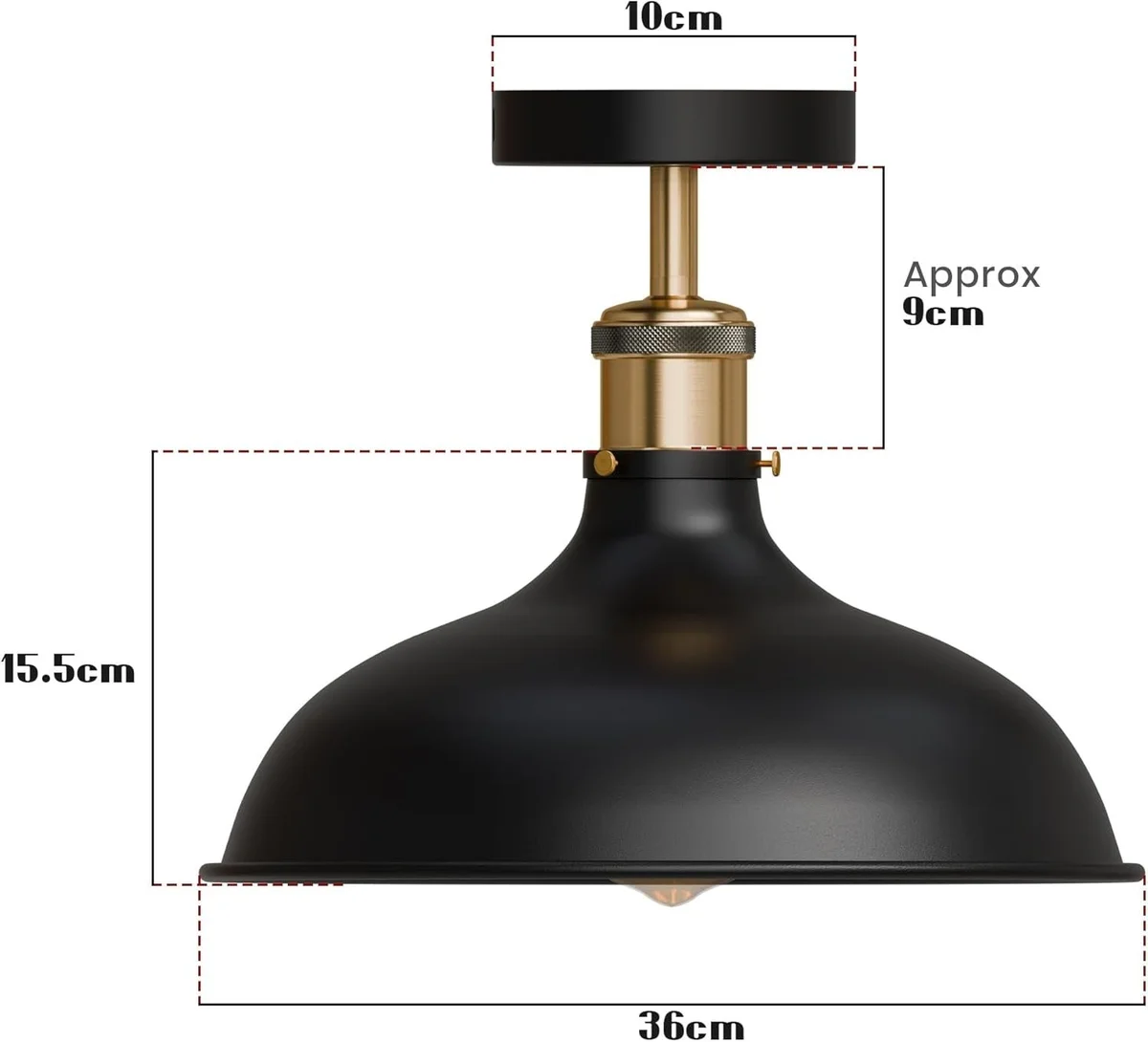 Black ceiling light with matte black shade and brass accents, hanging from a rustic metal support, vintage industrial style.