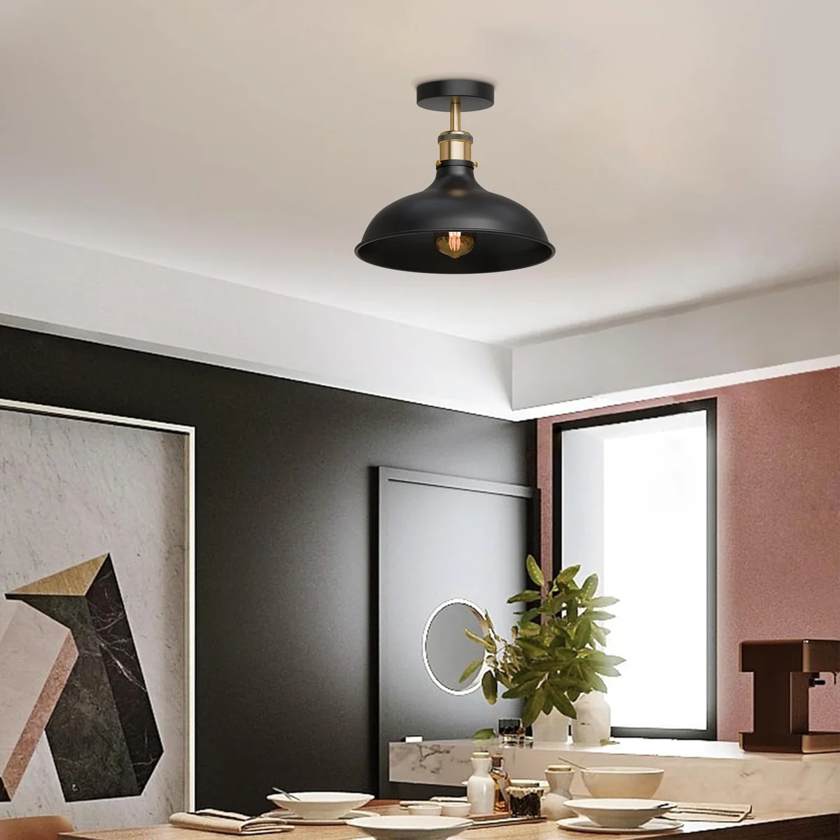Black ceiling light with matte metal shade and brass accents, mounted on semi flush metal holder