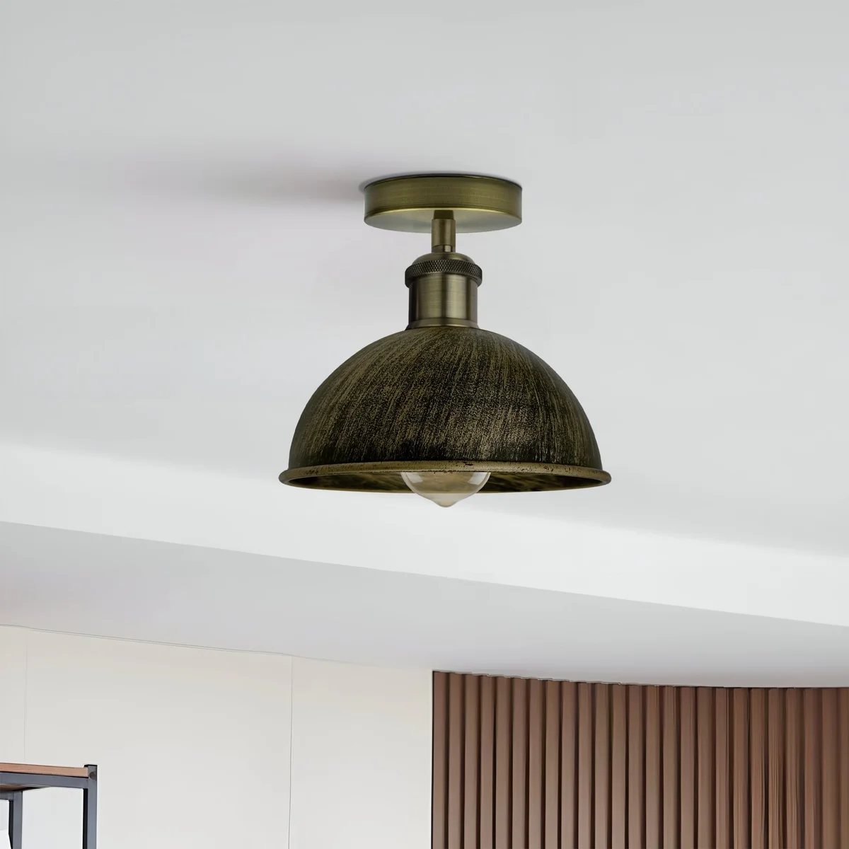 Brushed brass ceiling light with classic retro design, metal shade, 10cm x 2cm, featuring an E27 lamp base.