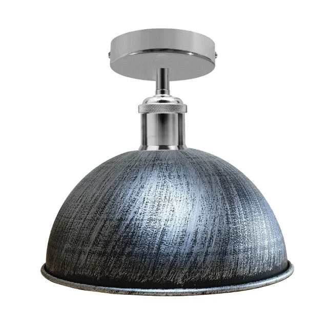 Brushed metal ceiling light with silver metal shade, 10cm x 2cm, E27 base holder, metallic textured finish.