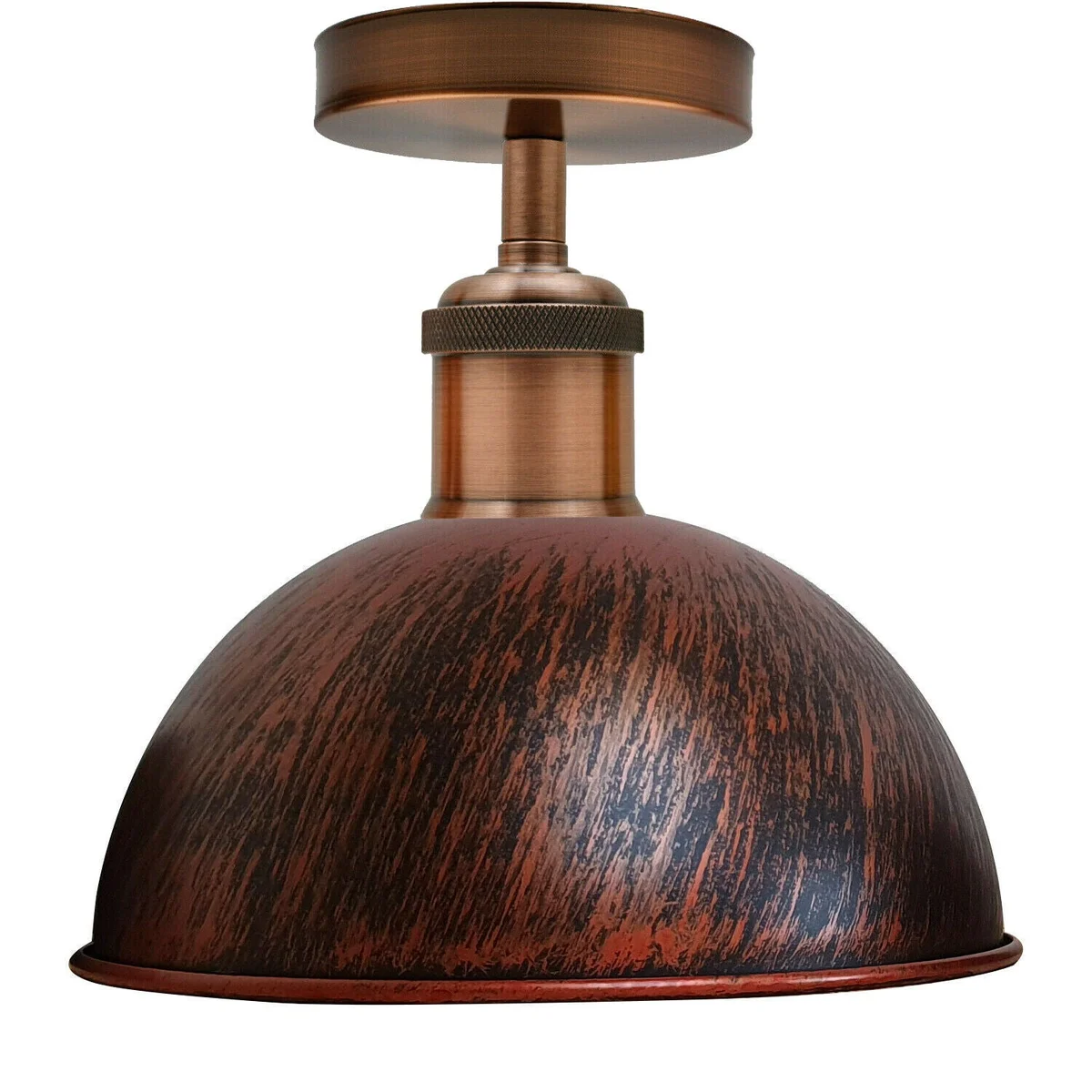 Rustic ceiling light in red vintage style, flush mount metal fixture with retro lampshade.