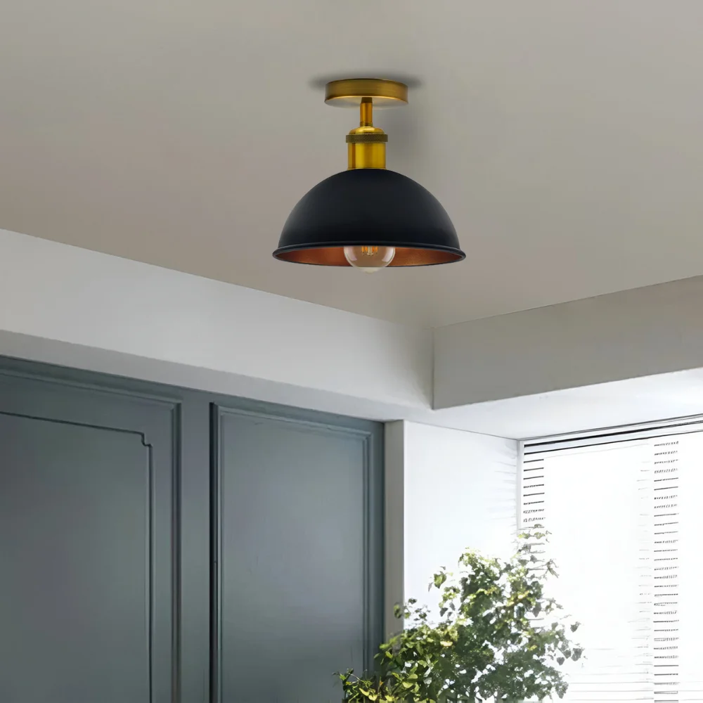 Black and gold metal flush‑mount ceiling light, an E27 ceiling lamp with a metal shade and holder, 10 cm by 2 cm.