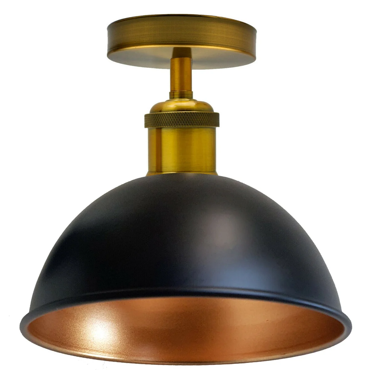 Flush mount ceiling light with black gold metal lampshade, stainless metal base, E27 socket, sleek design for modern rooms.