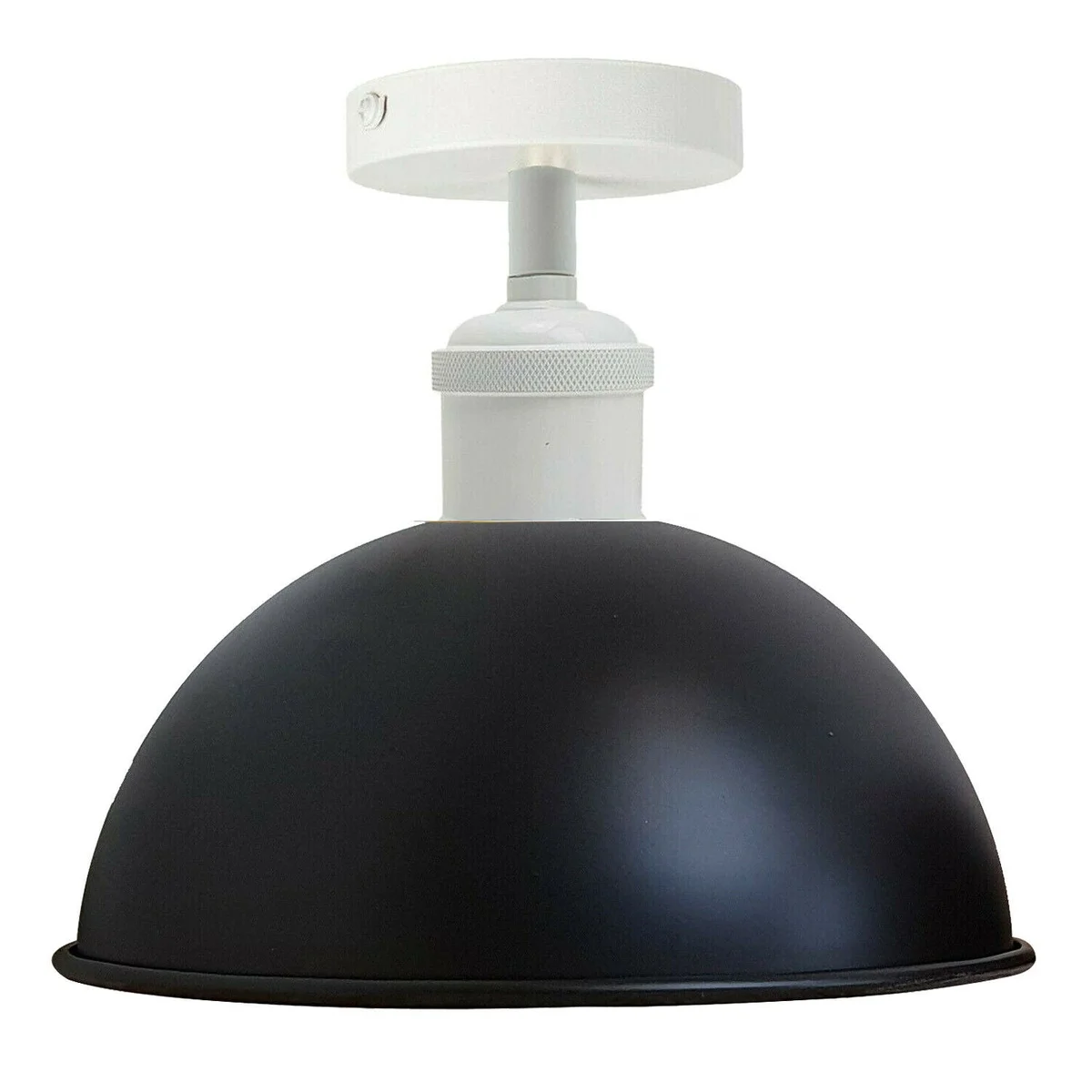 Black metal lampshade hanging on ceiling, white metal base, modern style with 10cm x 2cm ceiling plate