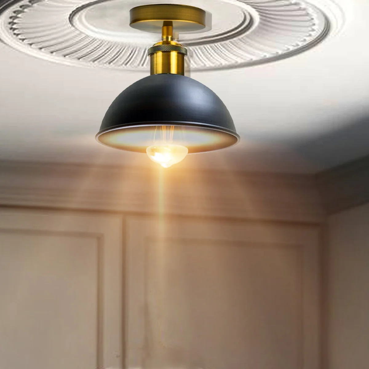 Black metal lampshade hanging from ceiling, flush‑mount design with rustic wooden base, warm ambience