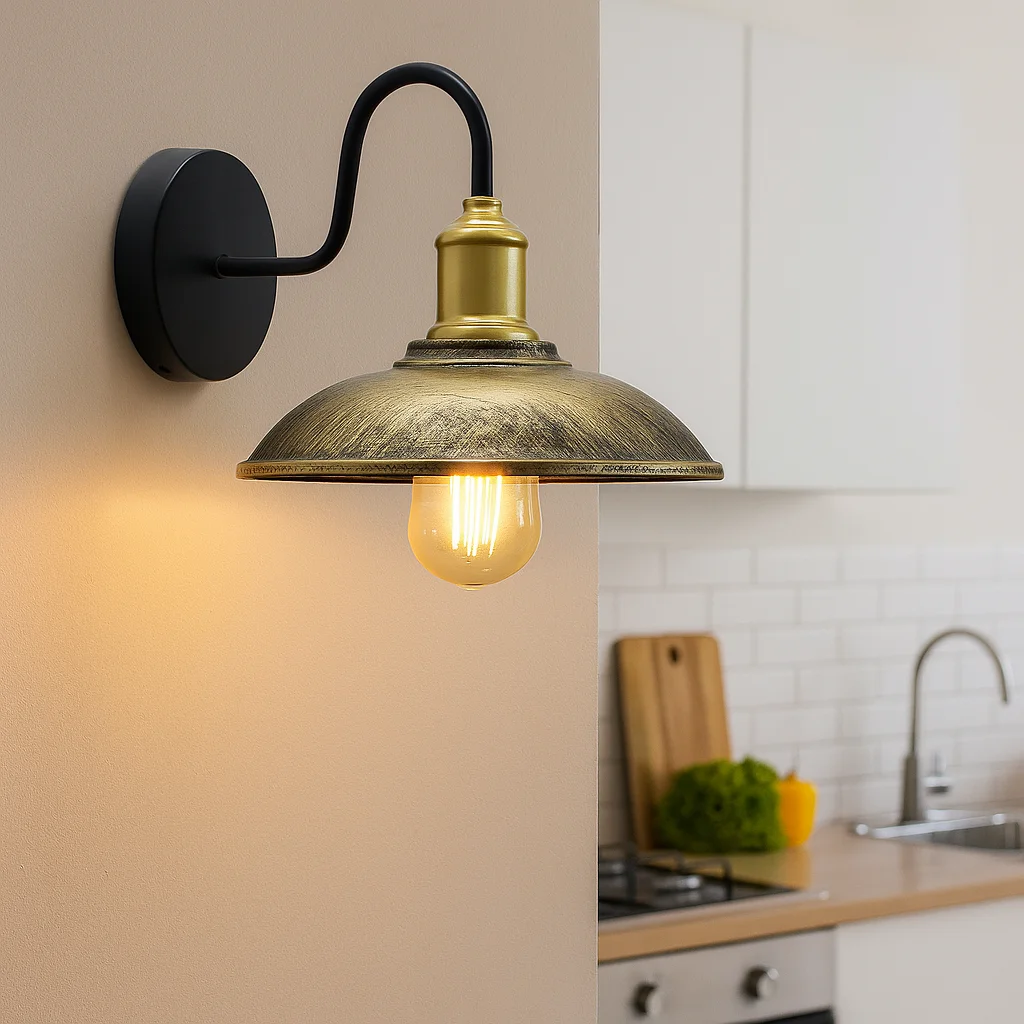 Rustic wall light with metal industrial style shade and E27 holder mounted on wall socket
