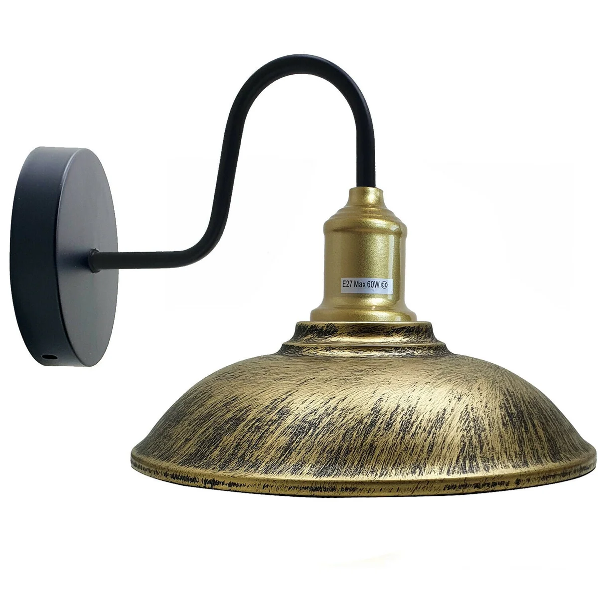 Metal industrial wall lamp shade with rustic bowl shape, hanging on wall, includes an E27 holder.