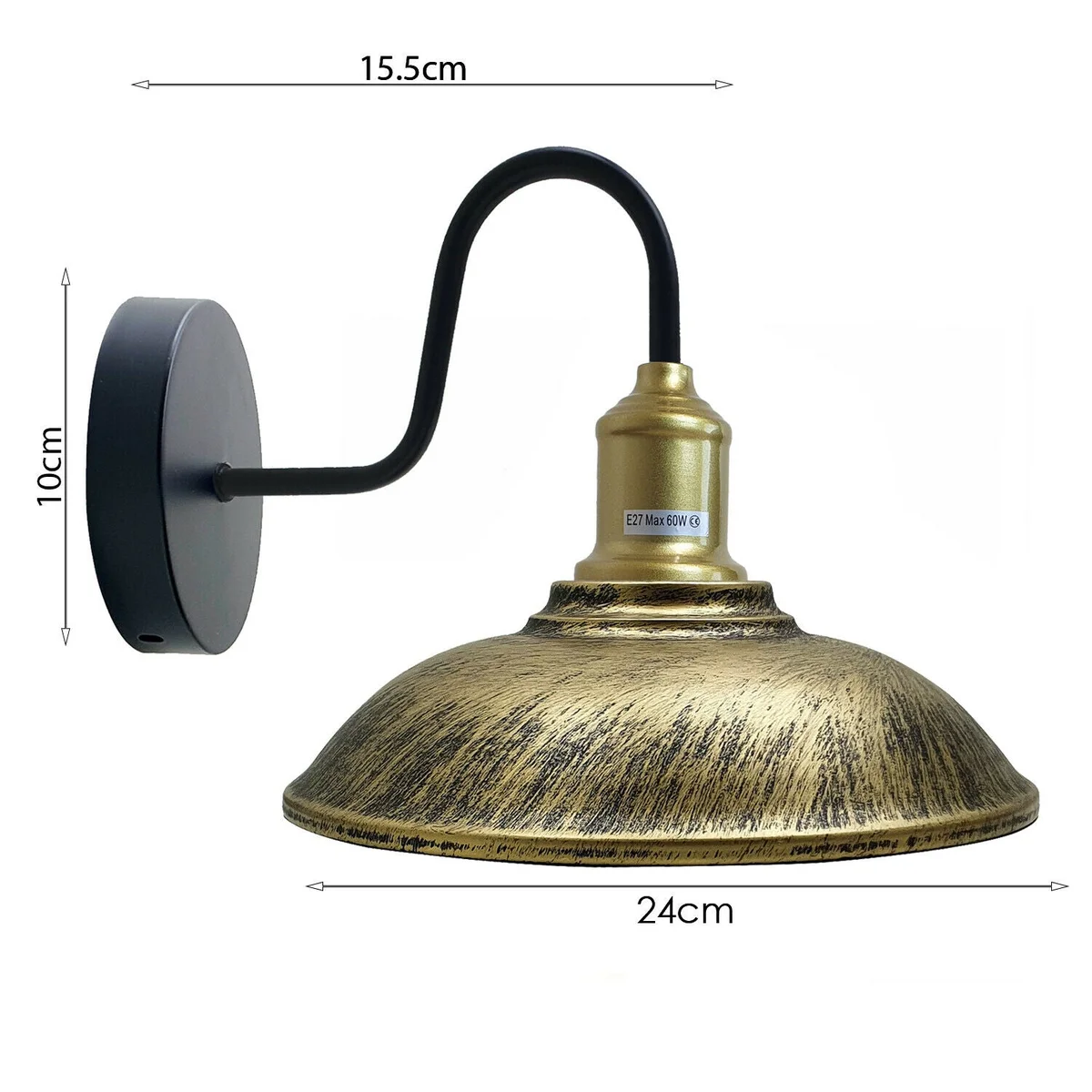 Metal wall sconce featuring industrial style metal shade, E27 holder, rustic vintage look for living or dining rooms.