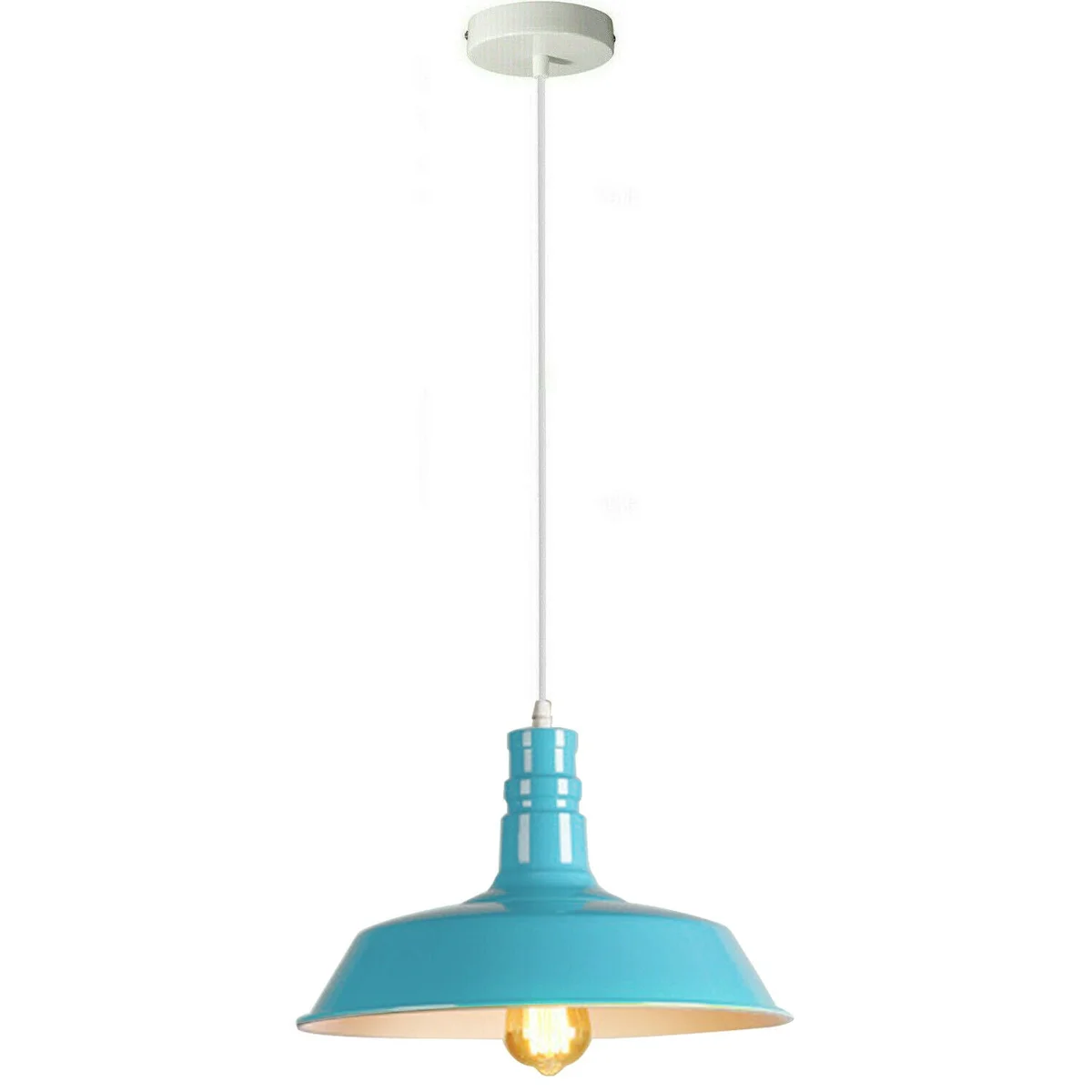 Modern pendant light with light‑blue metal shade, hanging from ceiling, includes E27 holder and bulb